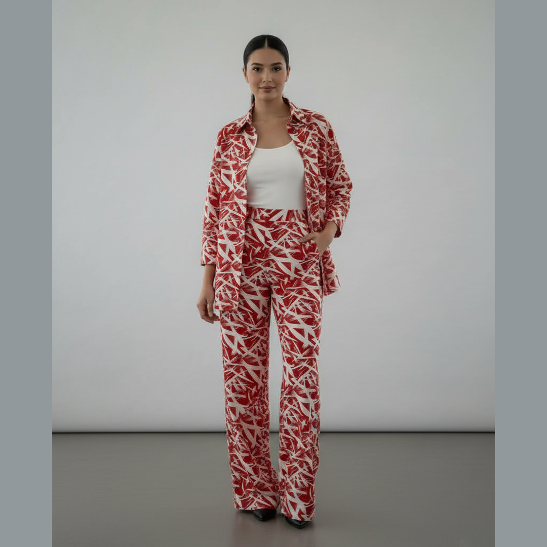 Red Abstract Print Khaddar Co-Ord Set TF-102