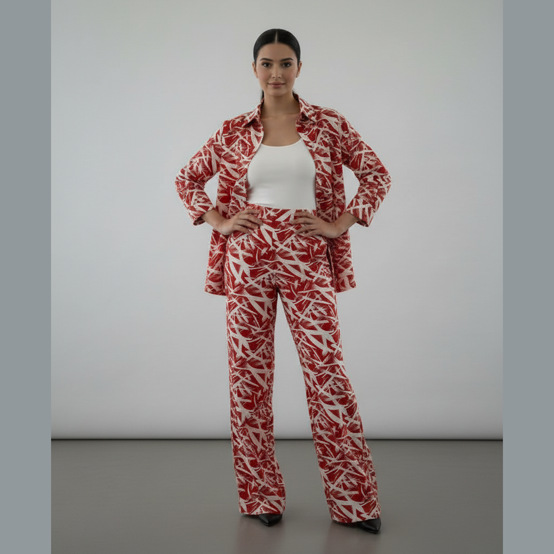 Red Abstract Print Khaddar Co-Ord Set TF-102