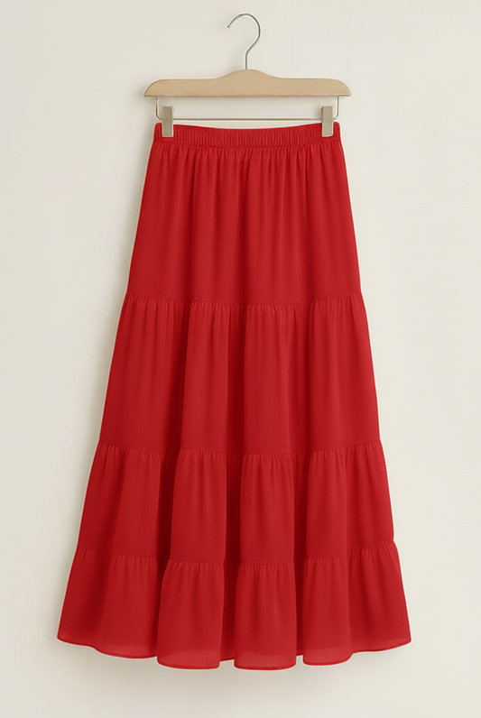 Flowy Red Tiered Long Skirt